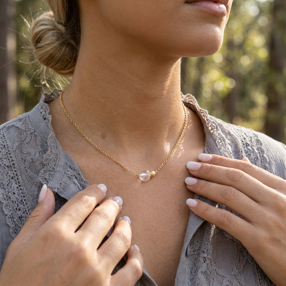 Goldene Halskette, minimalistischer Stil, Bergkristall Perle, gold gefüllte Perle