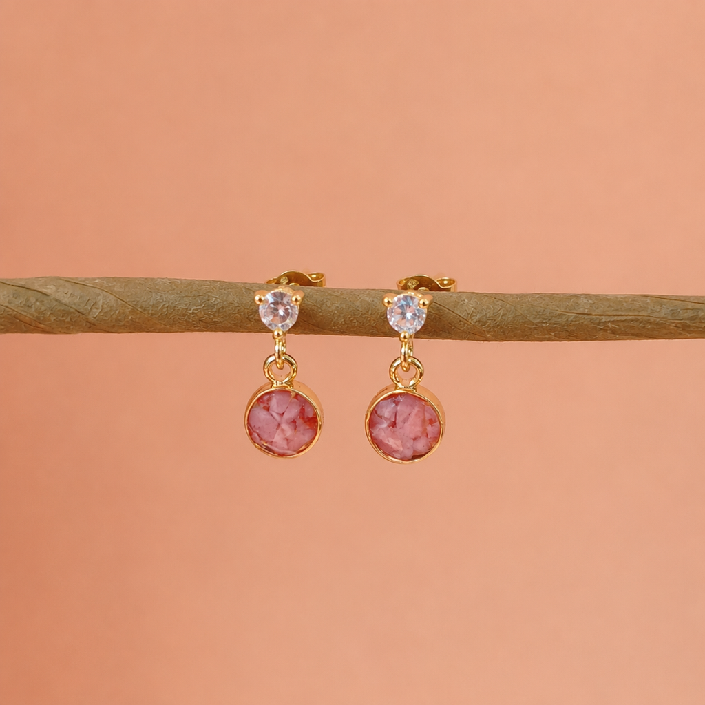 Zirkonia Ohrstecker 14k vergoldet mit rosa Naturstein Anhänger