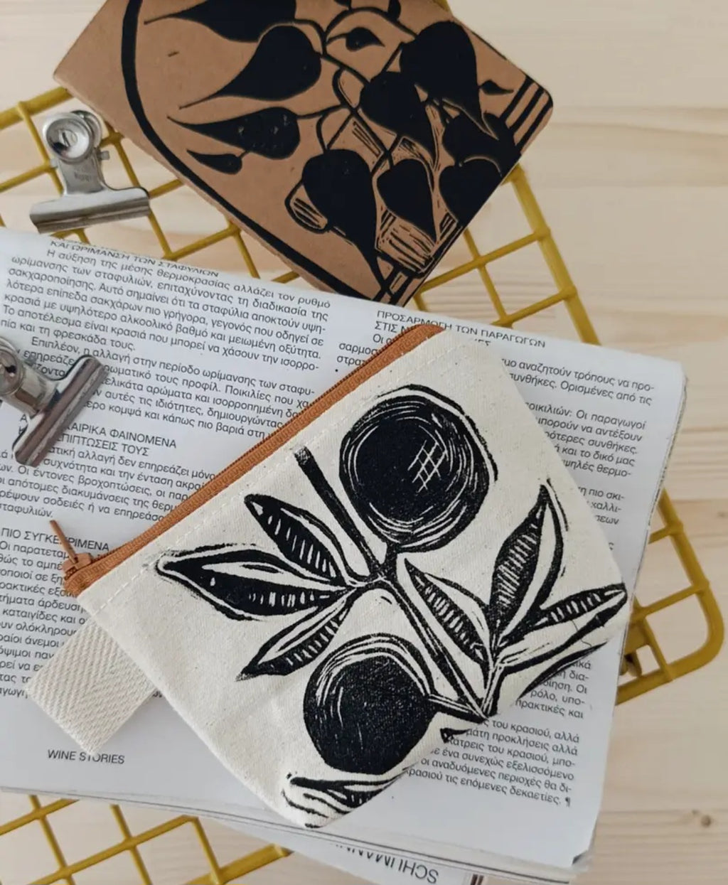 Leinen Tasche / Portemonnaie mit Oliven Design
