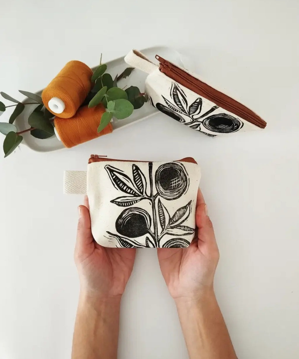 Leinen Tasche / Portemonnaie mit Oliven Design