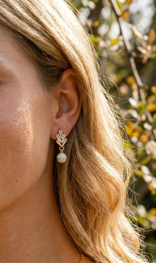 Zirkonia Ohrstecker 14k vergoldet mit weißem Naturstein Anhänger