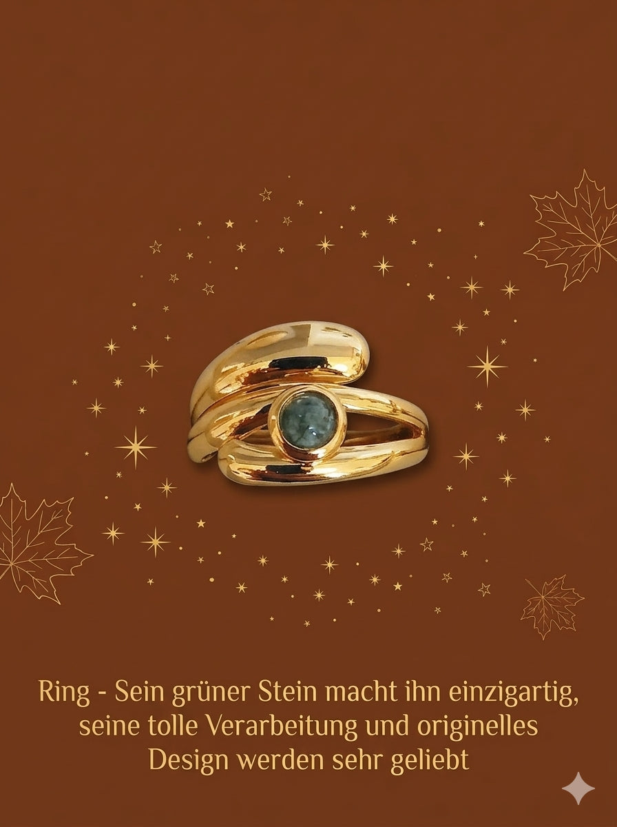 Goldener Statement Ring mit grünem Naturstein - Maja